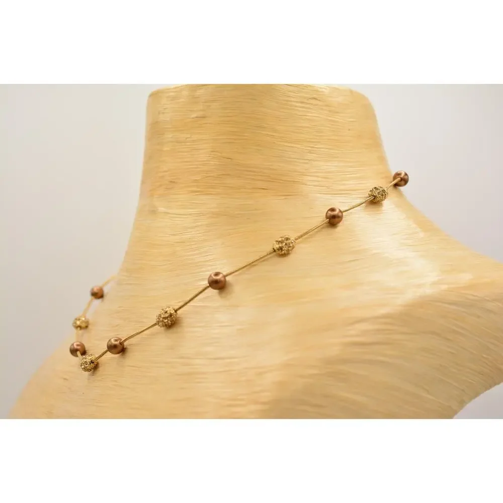 Monet Vintage Collar Necklace Bronze Pearl Beaded Crystal Signed Bin4B